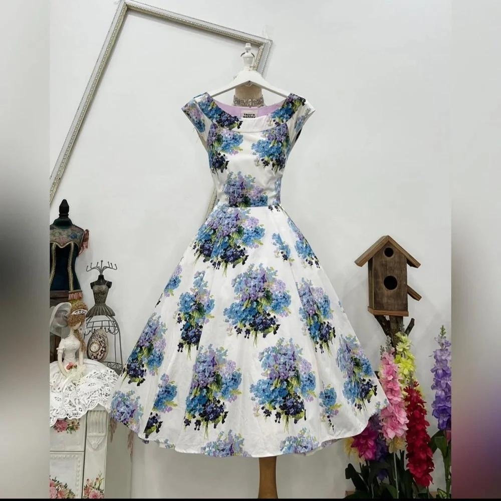 Floral Laura Ashely Dress - White and Blue